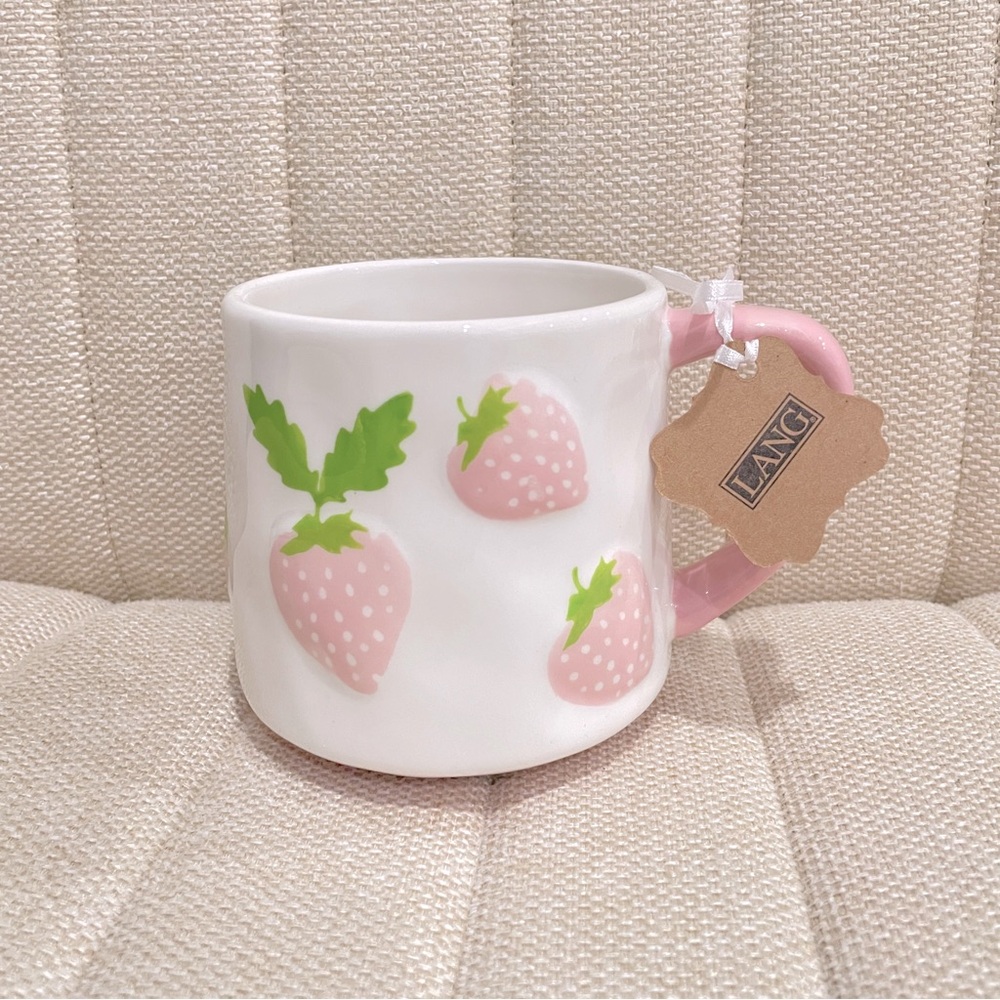 NEW LANG Pink Strawberry Embossed Ceramic Coffee Mug White Hand Painted Fruit